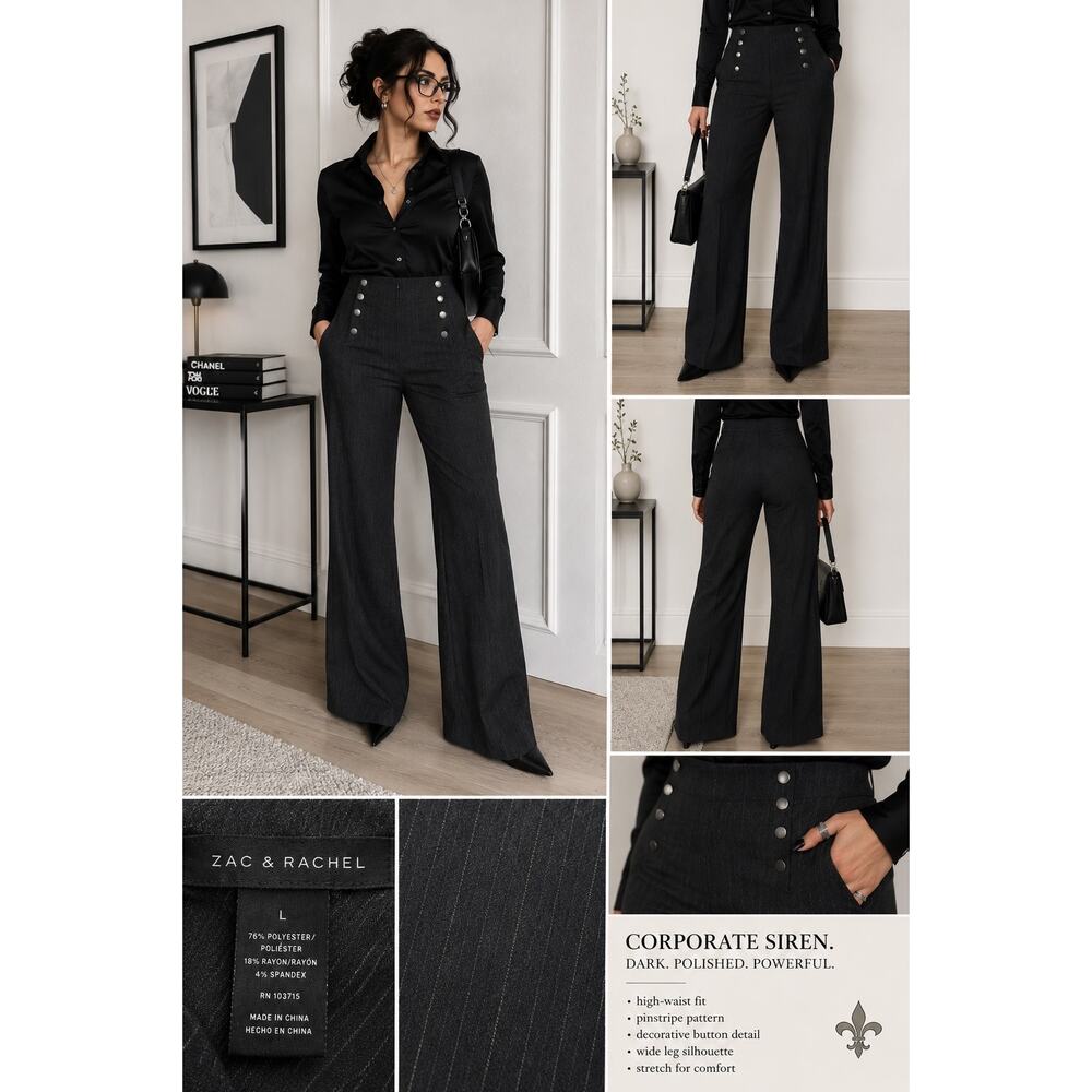 Zac & Rachel High-Waist Pinstripe Trouser L Office Siren Goth Chic Wide Leg Pant